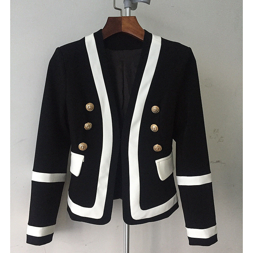 Spot Fashion Handsome Jacket Metal Double-Breasted Black And White Contrast Color Slim Small Suit