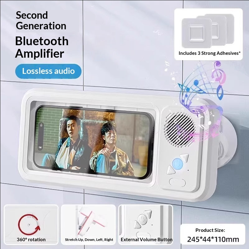 Waterproof phone holder with Bluetooth speaker and 360° rotation for bathroom use.