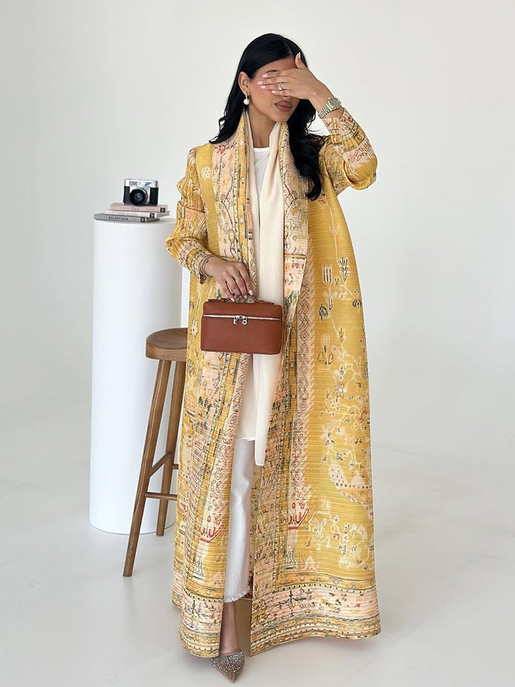 Pleated Print Cardigan Long Coat Arabic Robe Plus Size