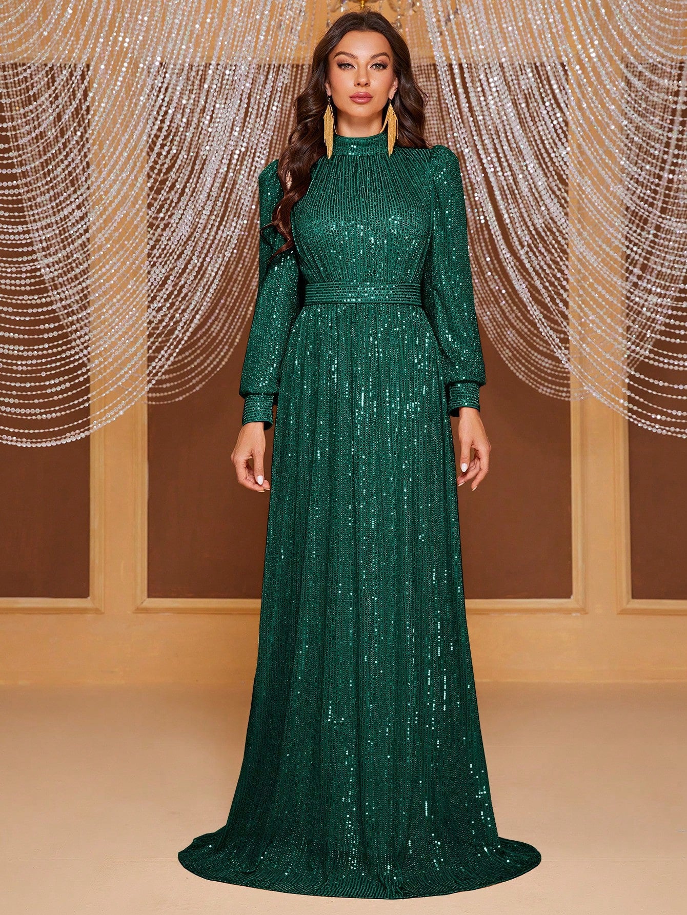 Pure Color Sequins Long Sleeve Stand Collar Evening Long Dress Simple And Elegant Arabian Women