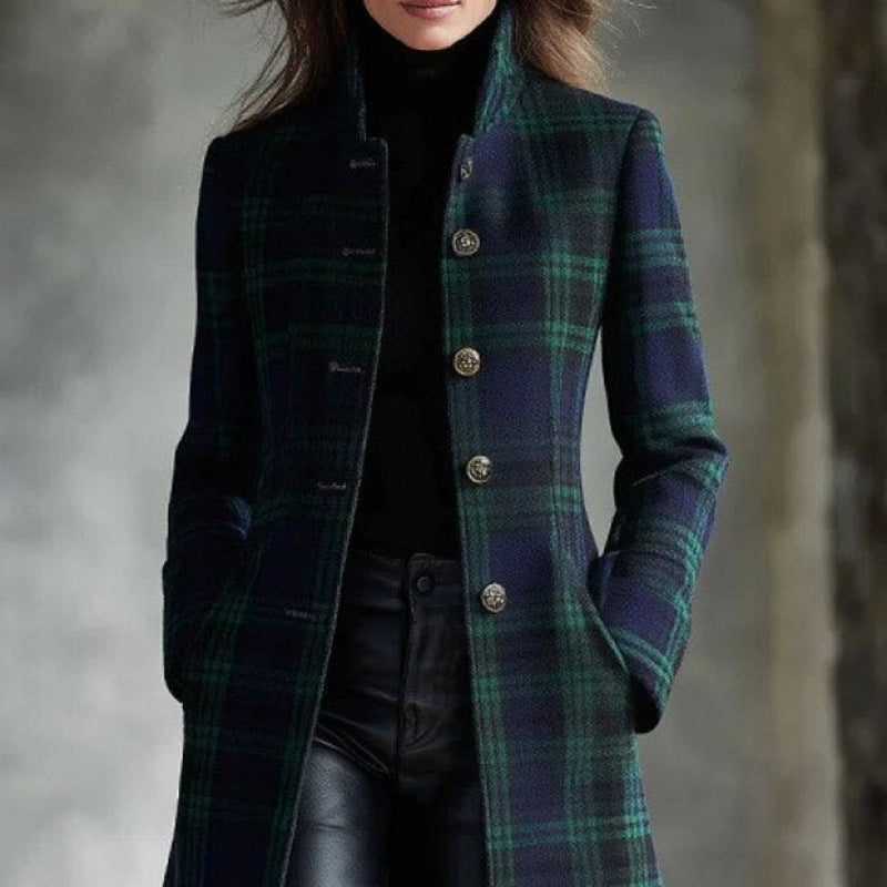 Women’s Single-Breasted Plaid Long-Sleeve Long Cardigan Coat