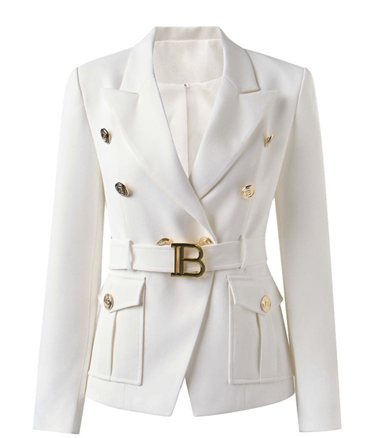 Women's Belt Metal Buckle Black And White Two Color Pocket Coat