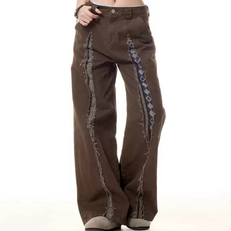 Retro Frayed Stitching Design Multi-pocket Jeans For Women