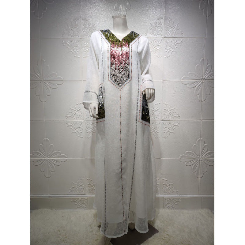 V-neck Sequins Embroidered Arabian Women's Clothing Loose Dress