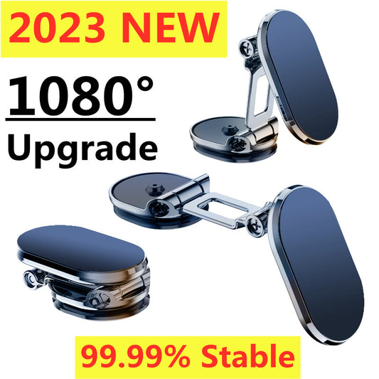 Foldable magnetic car phone holder with 360° rotation for secure hands-free use.