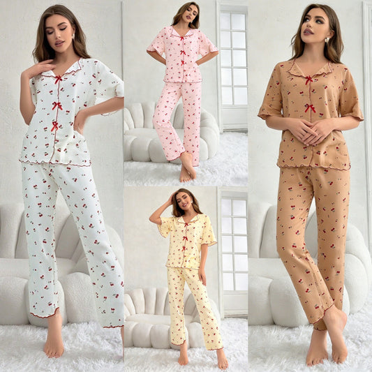 Women's Crew-Neck Cherry-Print Short-Sleeve Top And Pants Set