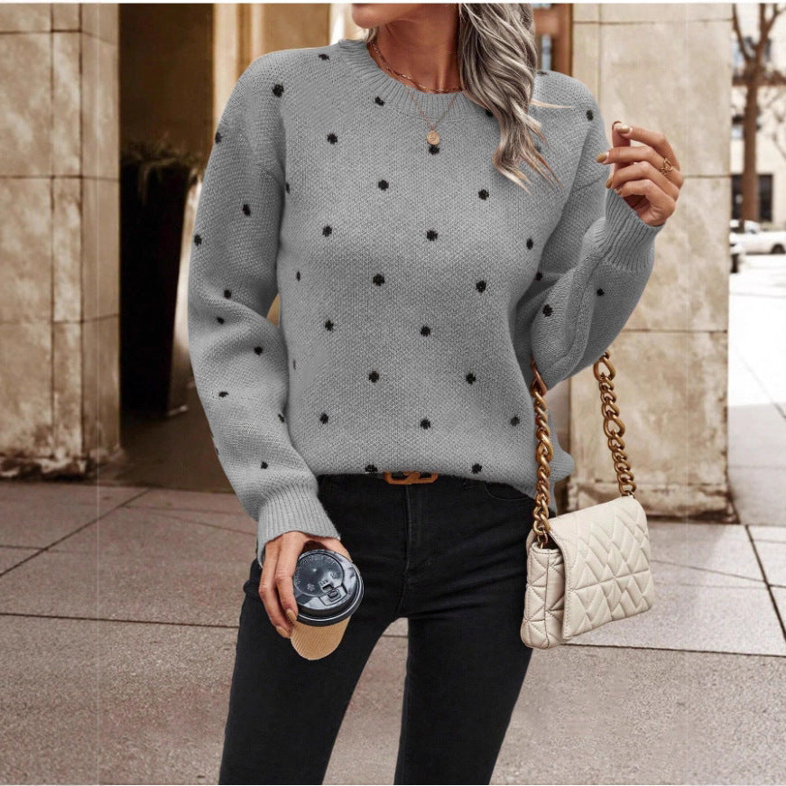 Fashion Polka Dot Print Pullover Sweater Casual Long-sleeved Knitted Tops Women's Clothing