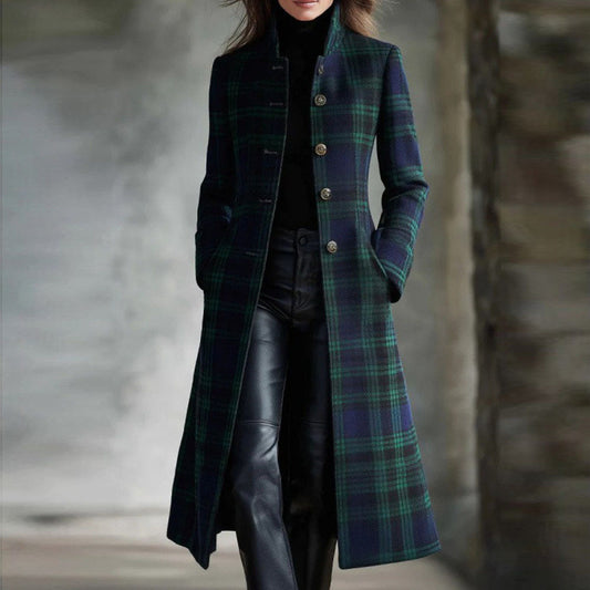Women’s Single-Breasted Plaid Long-Sleeve Long Cardigan Coat