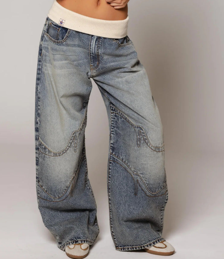 Loose-fitting Straight-leg Jeans With Pockets Fashion Casual Trousers Street-style Pants
