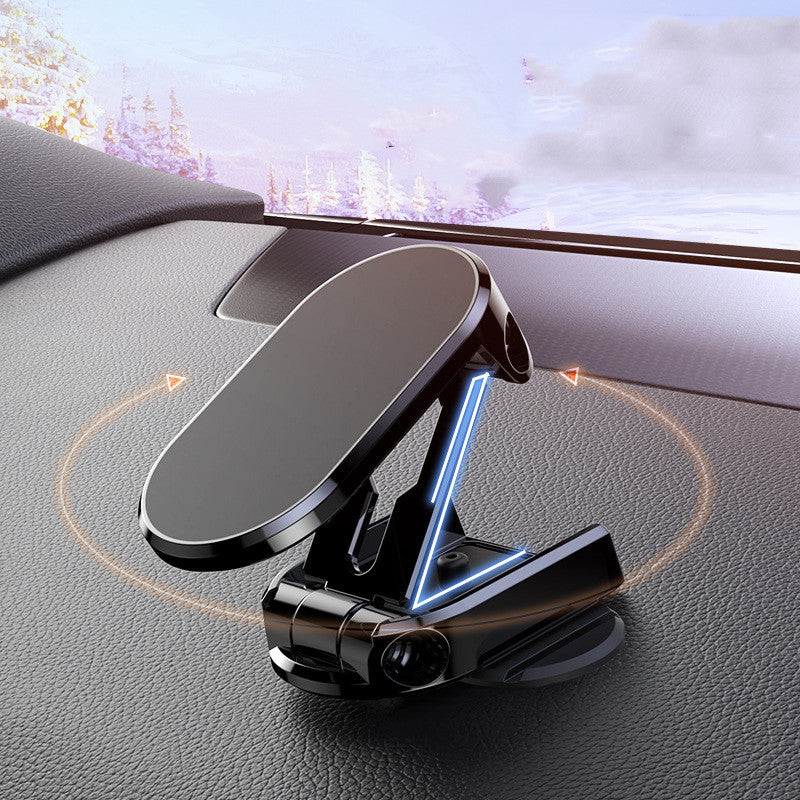 Foldable magnetic car phone holder with 360° rotation for secure hands-free use.