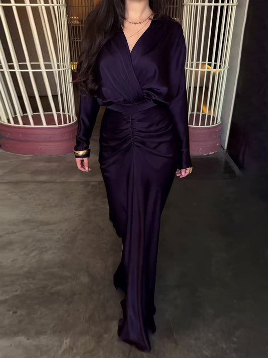 Plum Satin Maxi Muslim Women Dress With Wrap Front And Ruched Detail