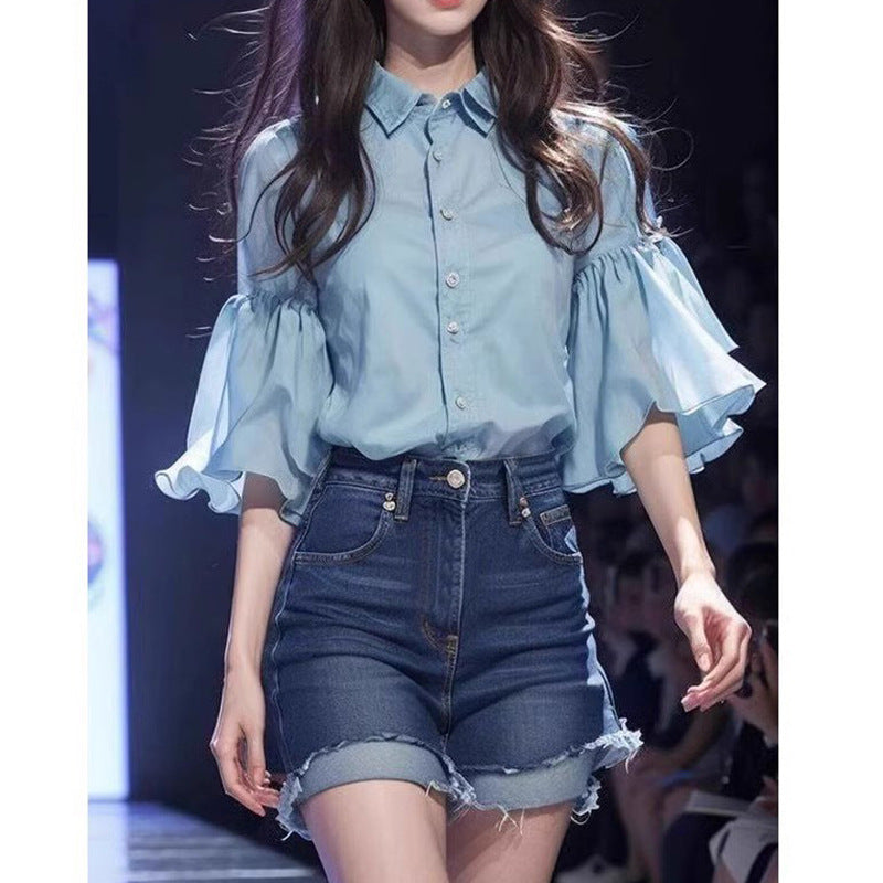 Niche Blue Bell Sleeve Chiffon Shirt