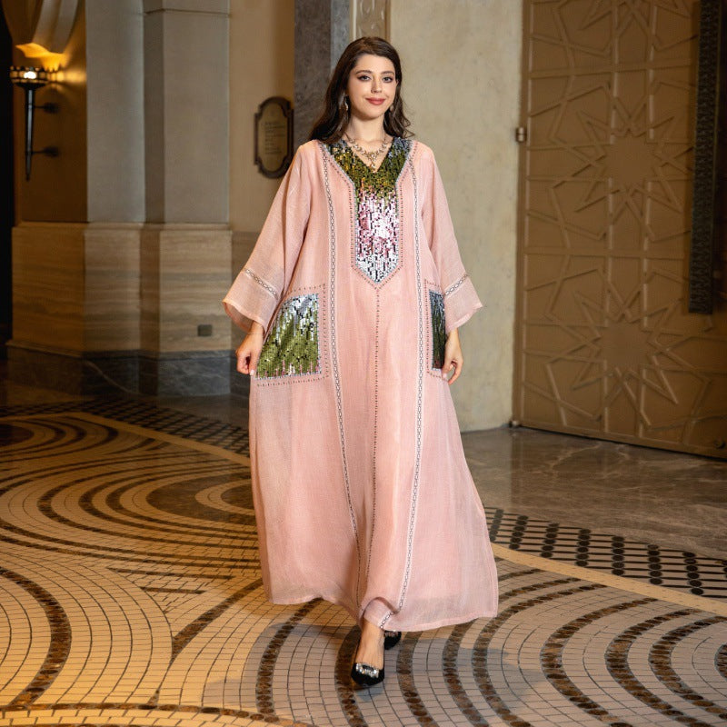 V-neck Sequins Embroidered Arabian Women's Clothing Loose Dress