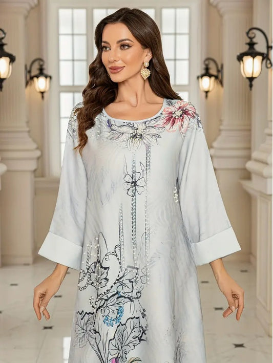 Elegant Floral Print Long Sleeve Abaya Dress
