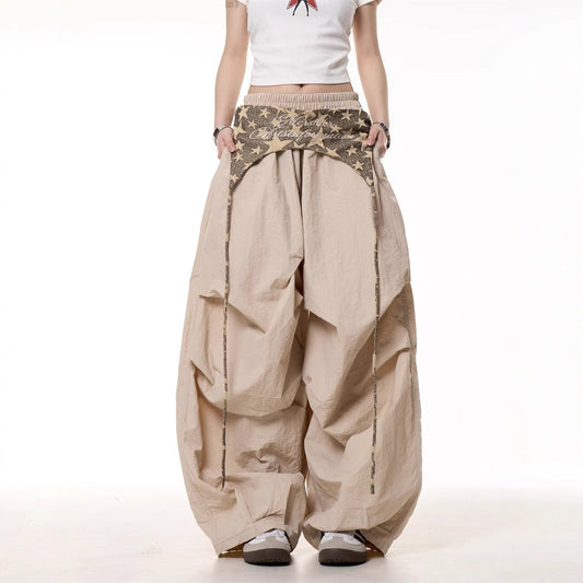 Womens Relaxed Casual American-style Layered Design Cargo Pants With Tie Details