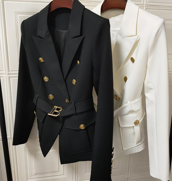 Women's Belt Metal Buckle Black And White Two Color Pocket Coat