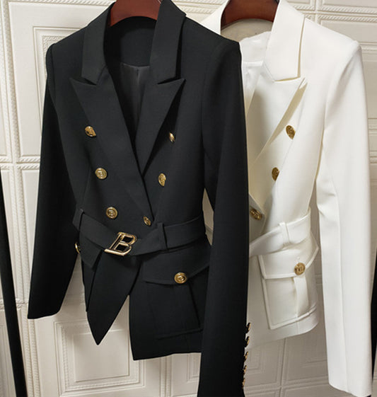 Women's Belt Metal Buckle Black And White Two Color Pocket Coat