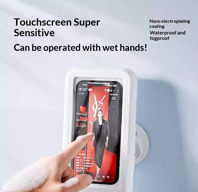 Waterproof phone holder with Bluetooth speaker and 360° rotation for bathroom use.