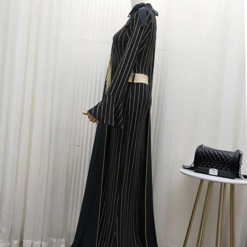 Queen Style Split Two-piece Suit Striped Robe Dress Pearl Embroidery Talma Cloak for Muslim Women