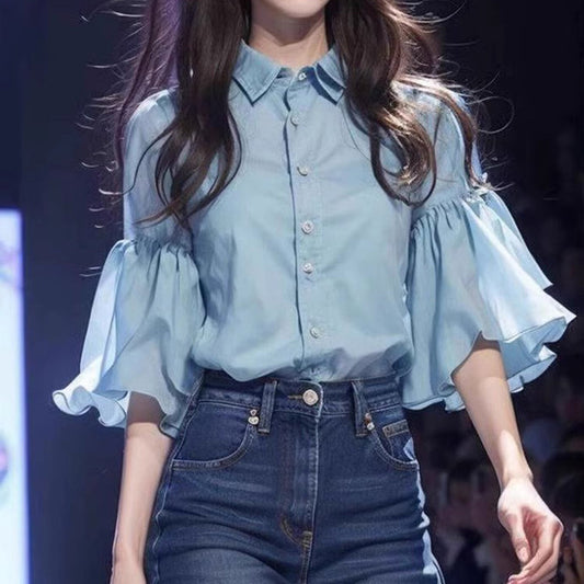 Niche Blue Bell Sleeve Chiffon Shirt