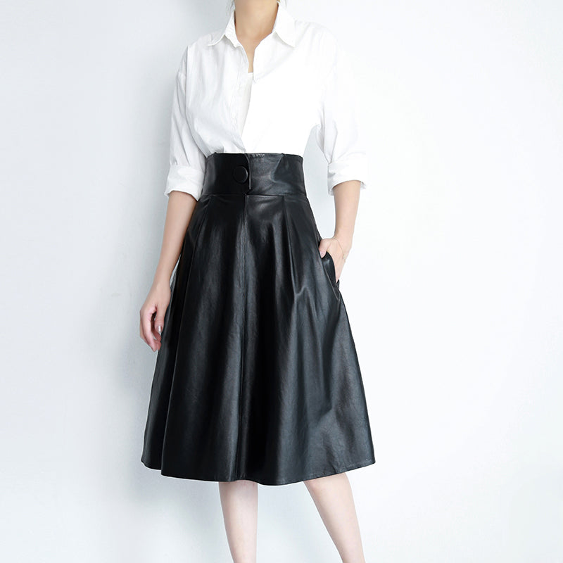 Sheep Skin High Waist Slim Mid-length Skirt Over The Knee