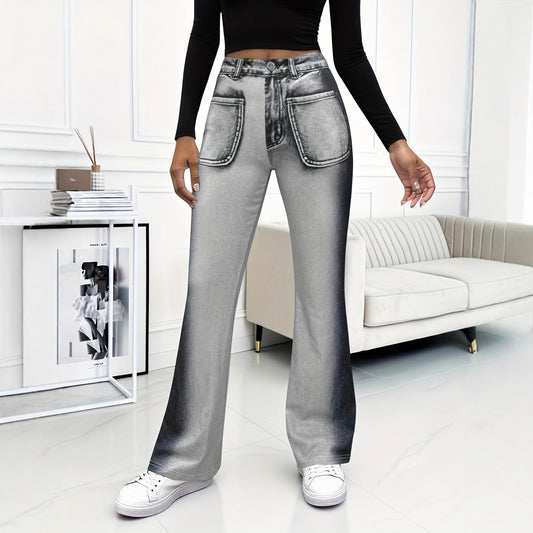 Stylish Casual Faux Denim Flare Pants With Fake Pockets