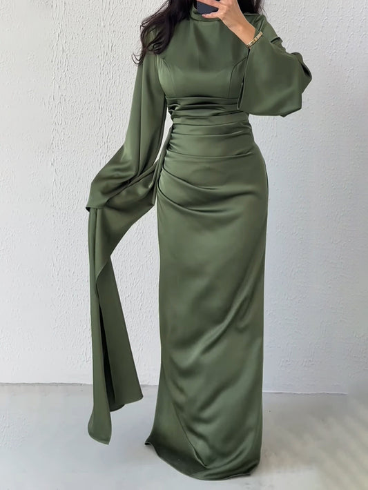 Solid Pleated Long-sleeve Maxi Modern Arab Dress