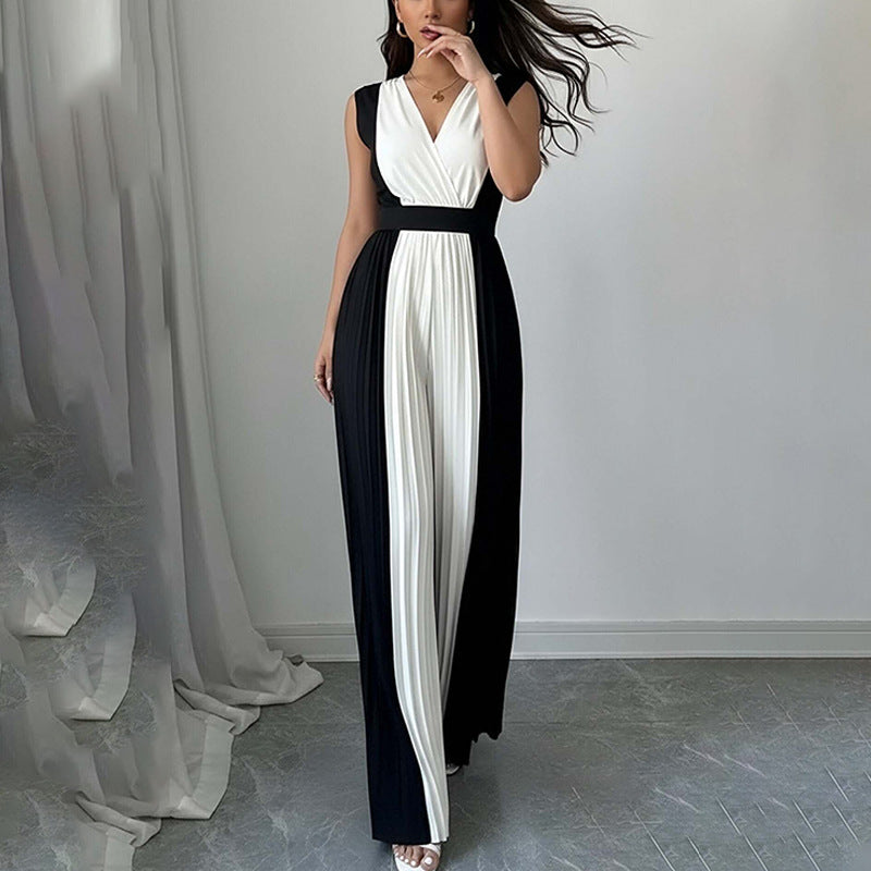 Women’s Elegant Long-Sleeve V-Neck Printed Jumpsuit