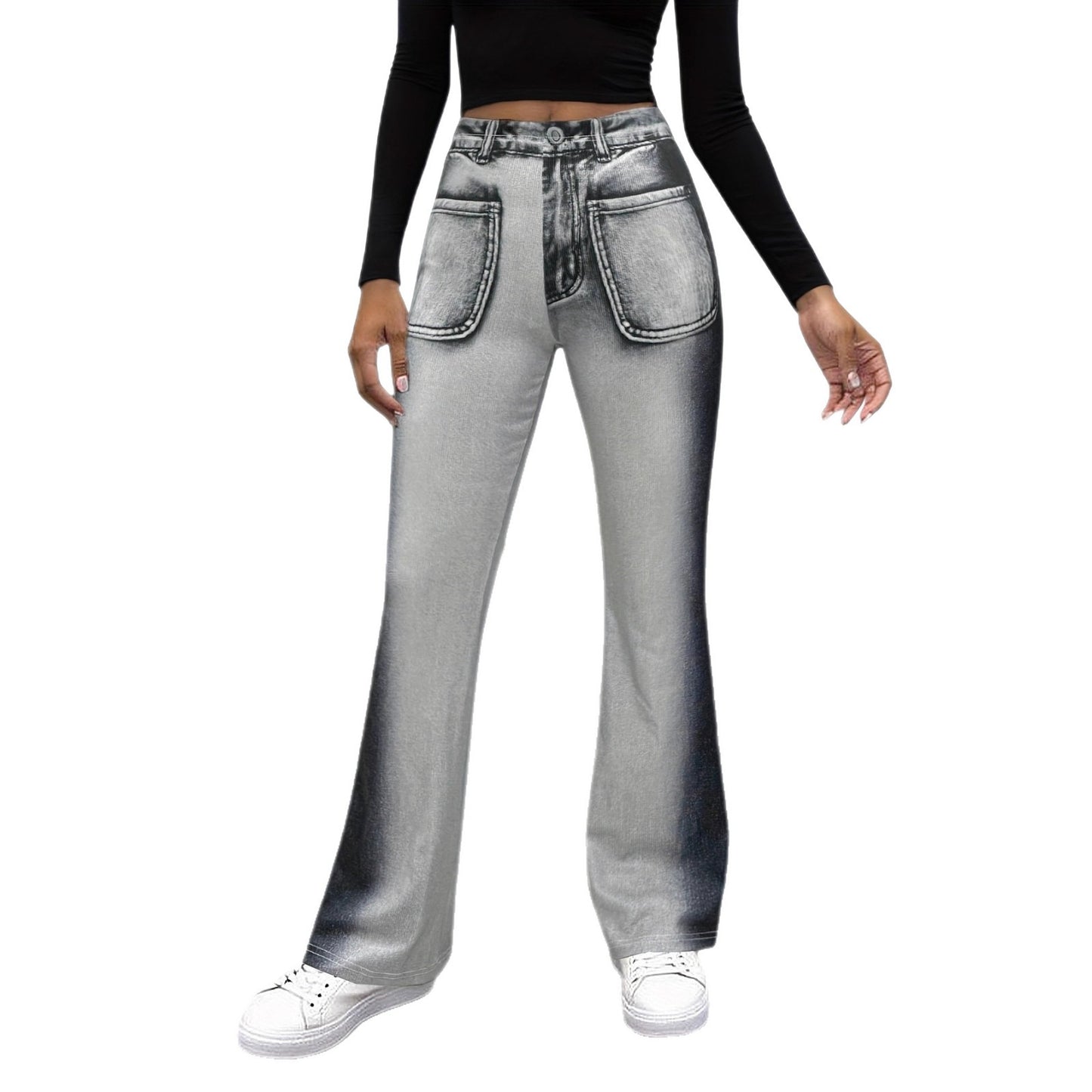 Stylish Casual Faux Denim Flare Pants With Fake Pockets