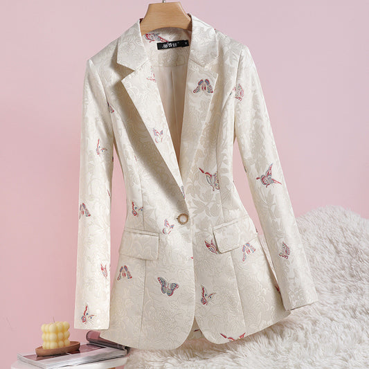 Women's Apricot Waist-tight Design National Style Printed Suit Jacket