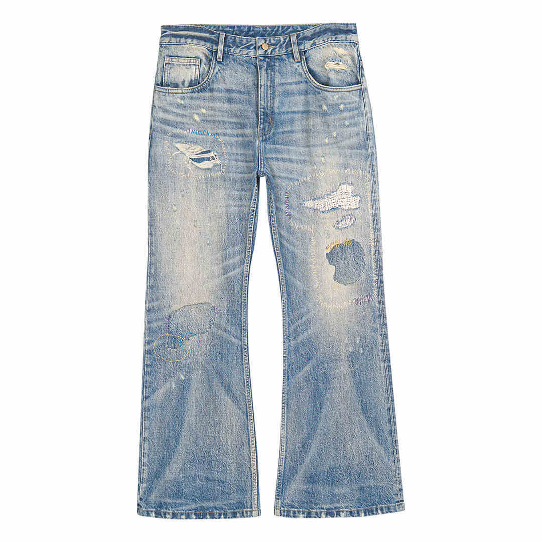 Washed Blue Patch Color Wire-track Flared Jeans