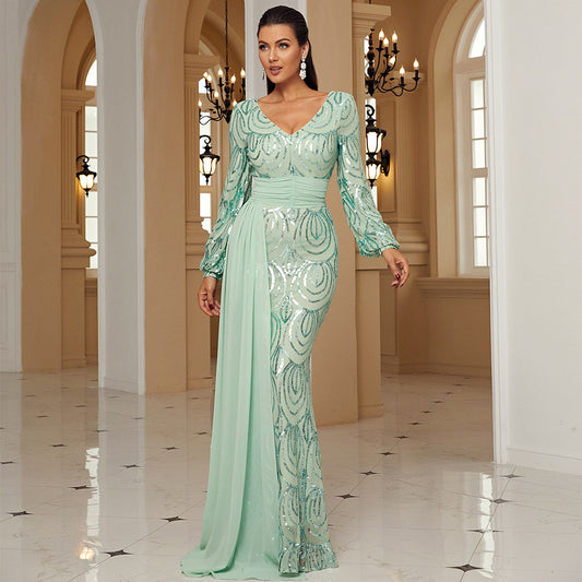 Long Sleeve Sexy Long Sequined V-neck Banquet Ribbon Dubai Events Dress