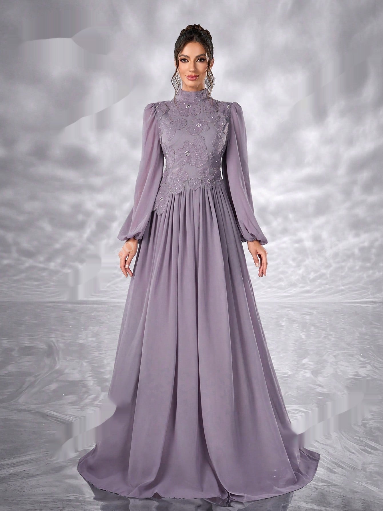 New Elegant Floral Muslim Dress With Long Sleeves Made Of Chiffon