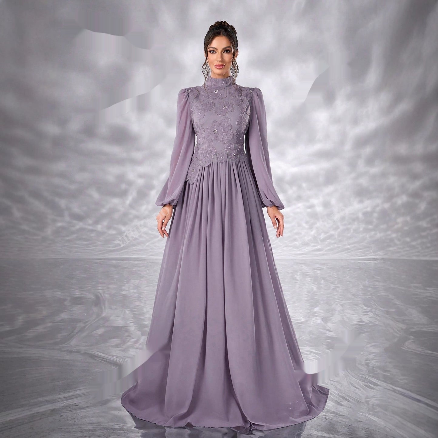 New Elegant Floral Muslim Dress With Long Sleeves Made Of Chiffon