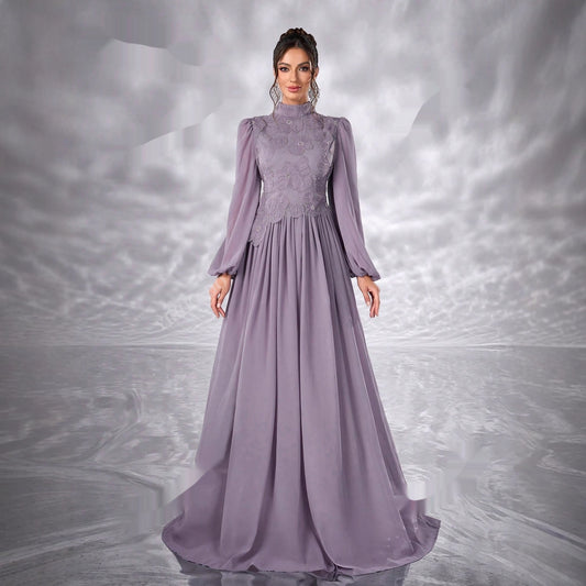 New Elegant Floral Muslim Dress With Long Sleeves Made Of Chiffon