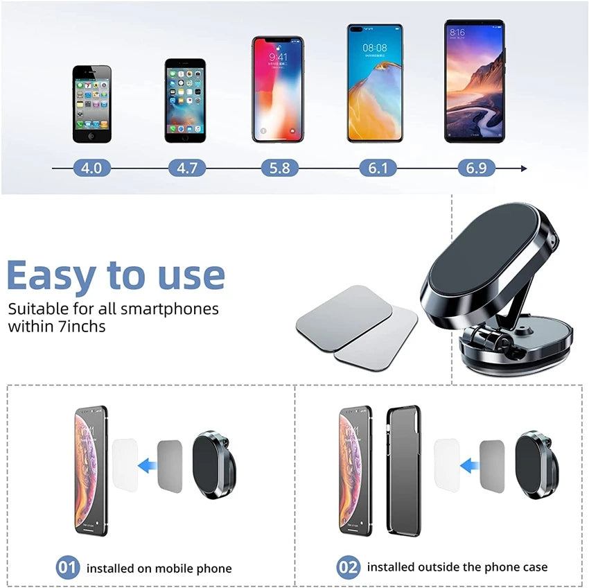Foldable magnetic car phone holder with 360° rotation for secure hands-free use.