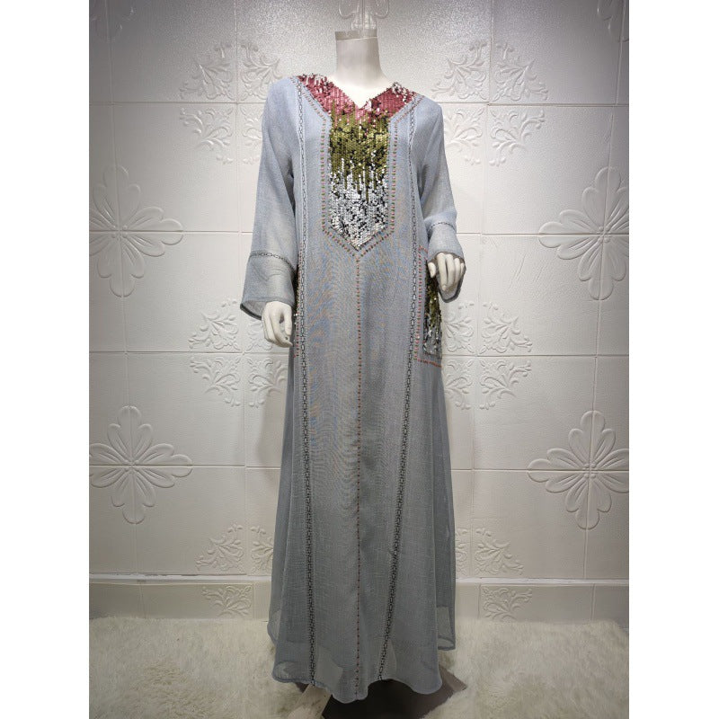 V-neck Sequins Embroidered Arabian Women's Clothing Loose Dress