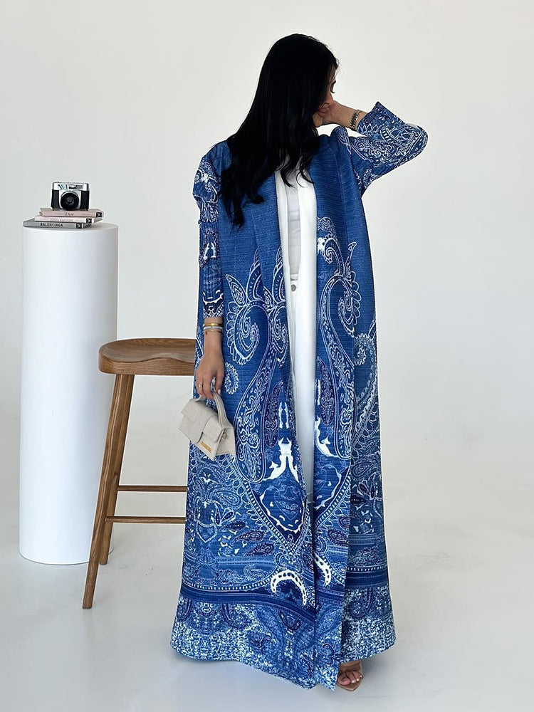Pleated Print Cardigan Long Coat Arabic Robe Plus Size