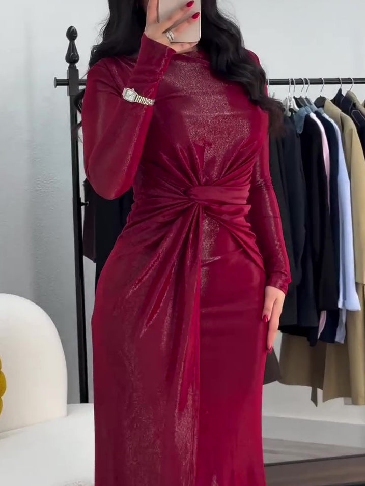 Metallic Muslim Maxi Dress With Twist Front Detail And Long Sleeves