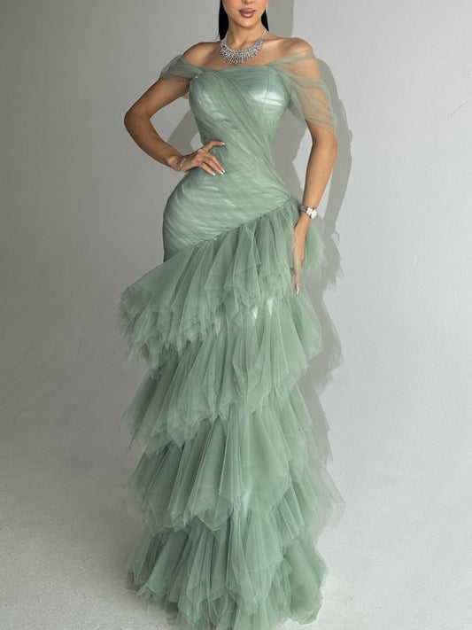Elegant Light Green Strapless Mermaid Dress With Layered Tulle Skirt
