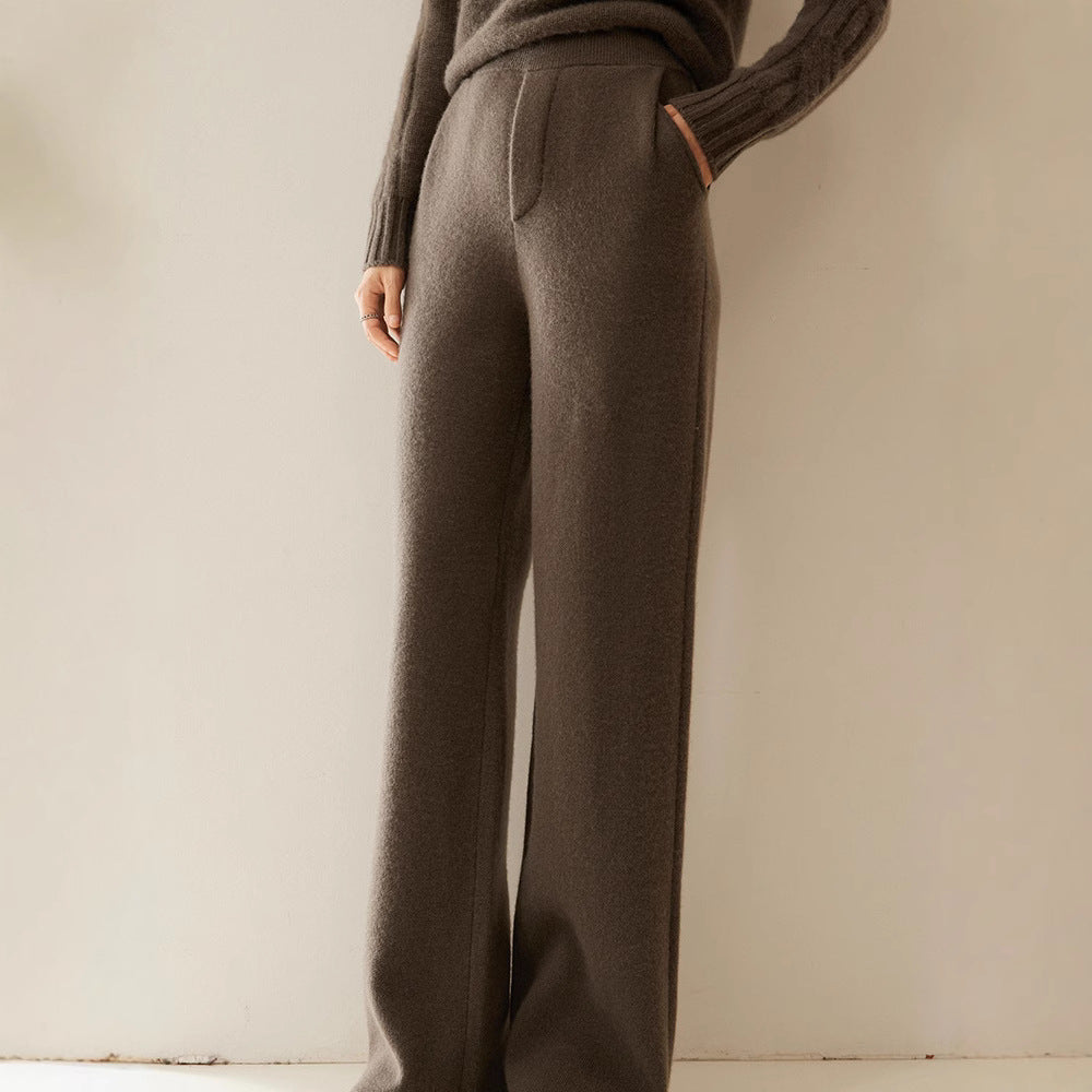 Thick, Draping Straight-leg Figure-flattering High-waisted Knitted Cashmere Wide-leg Pants For Women