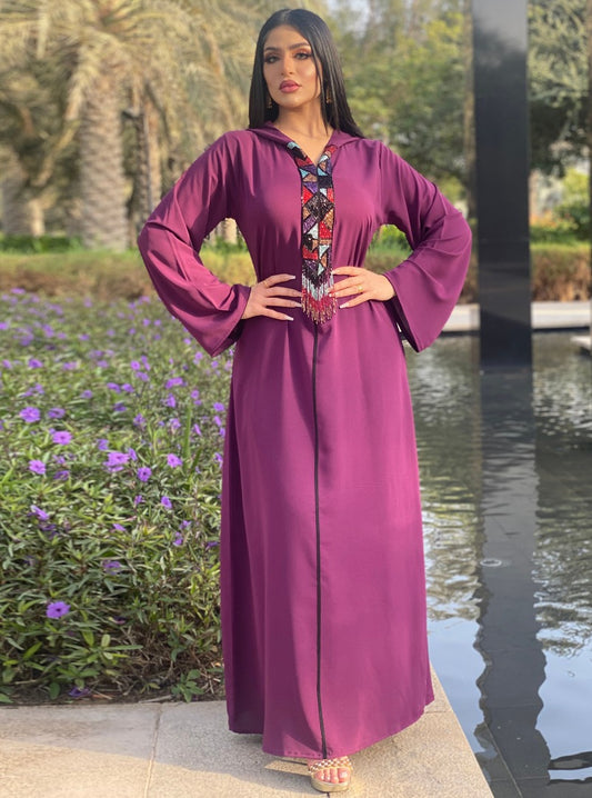 Hooded Robe Purple Abaya Dress With Diamond Tassels Women