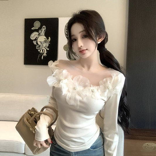 Womens Lace Fashionable Slim-Fit Floral T-Shirt