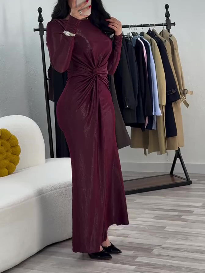 Metallic Muslim Maxi Dress With Twist Front Detail And Long Sleeves