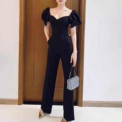 High Waist Slim Black Tube Top Goddess Fan Jumpsuit