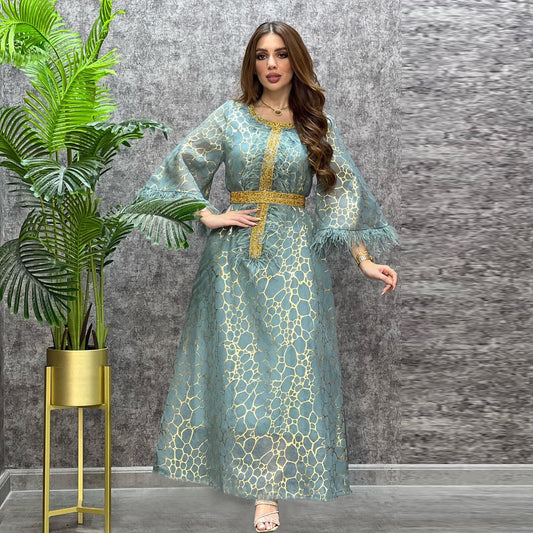 Women's Fashionable Elegant Bronzing Rhinestone Abaya Dress