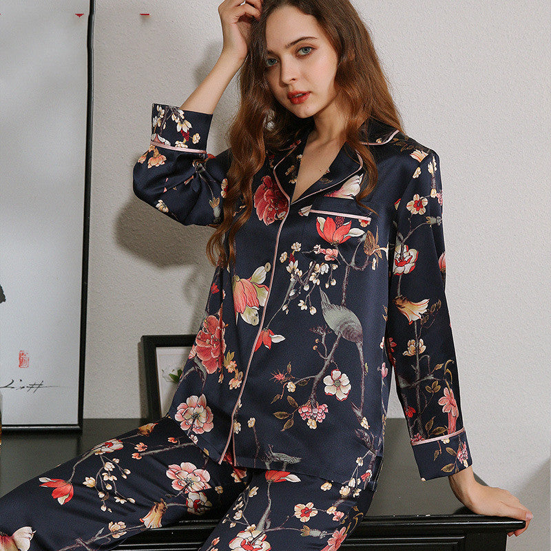 Silk Pajamas Women's Spring Autumn Summer Long Sleeve Split Home Wear