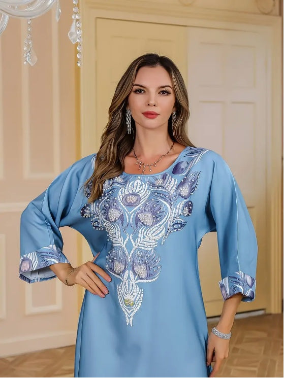 Elegant Floral Print Long Sleeve Abaya Dress