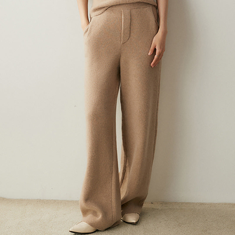 Thick, Draping Straight-leg Figure-flattering High-waisted Knitted Cashmere Wide-leg Pants For Women