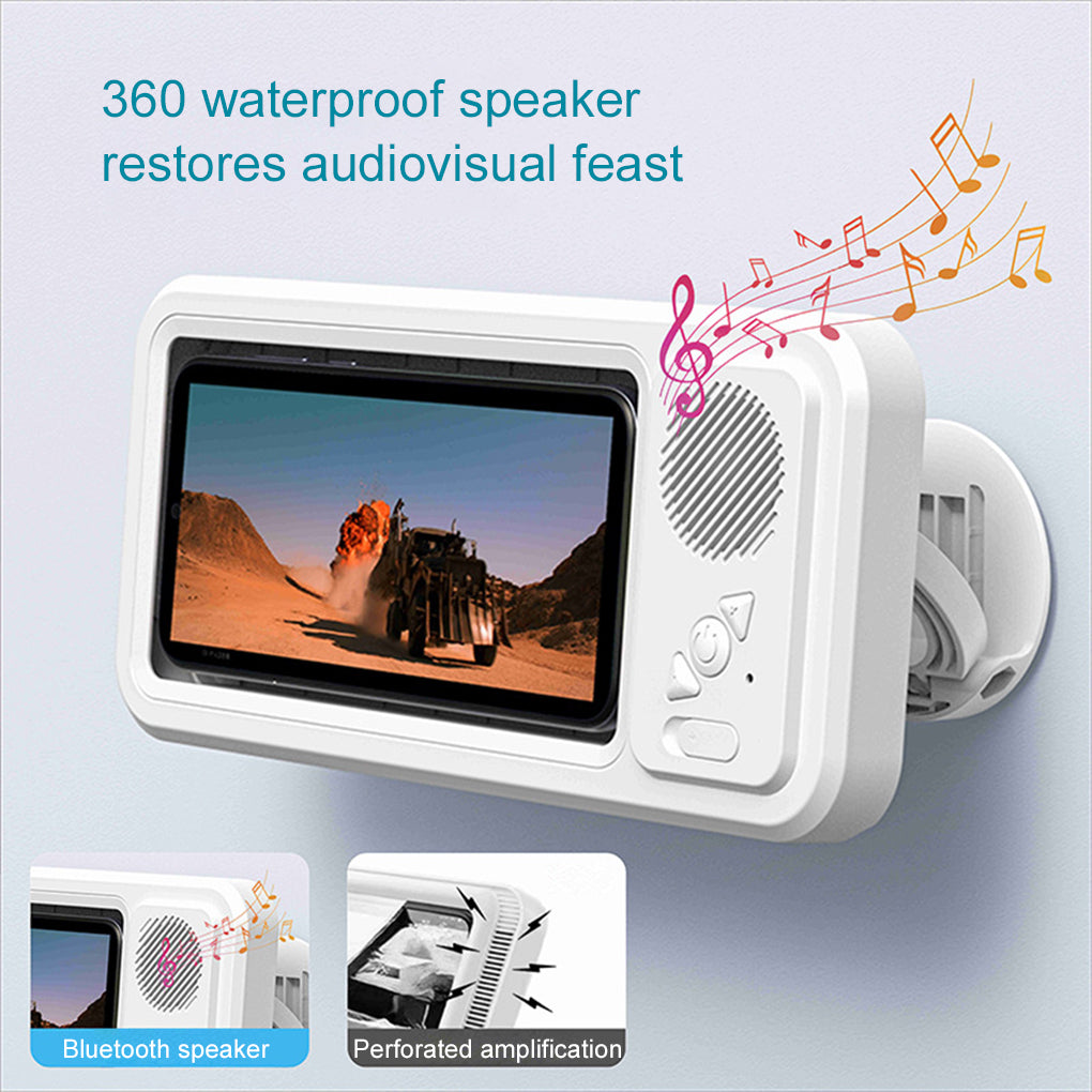 Waterproof phone holder with Bluetooth speaker and 360° rotation for bathroom use.